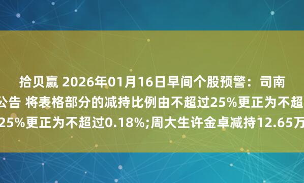 拾贝赢 2026年01月16日早间个股预警：司南导航更正董事减持计划公告 将表格部分的减持比例由不超过25%更正为不超过0.18%;周大生许金卓减持12.65万股完毕